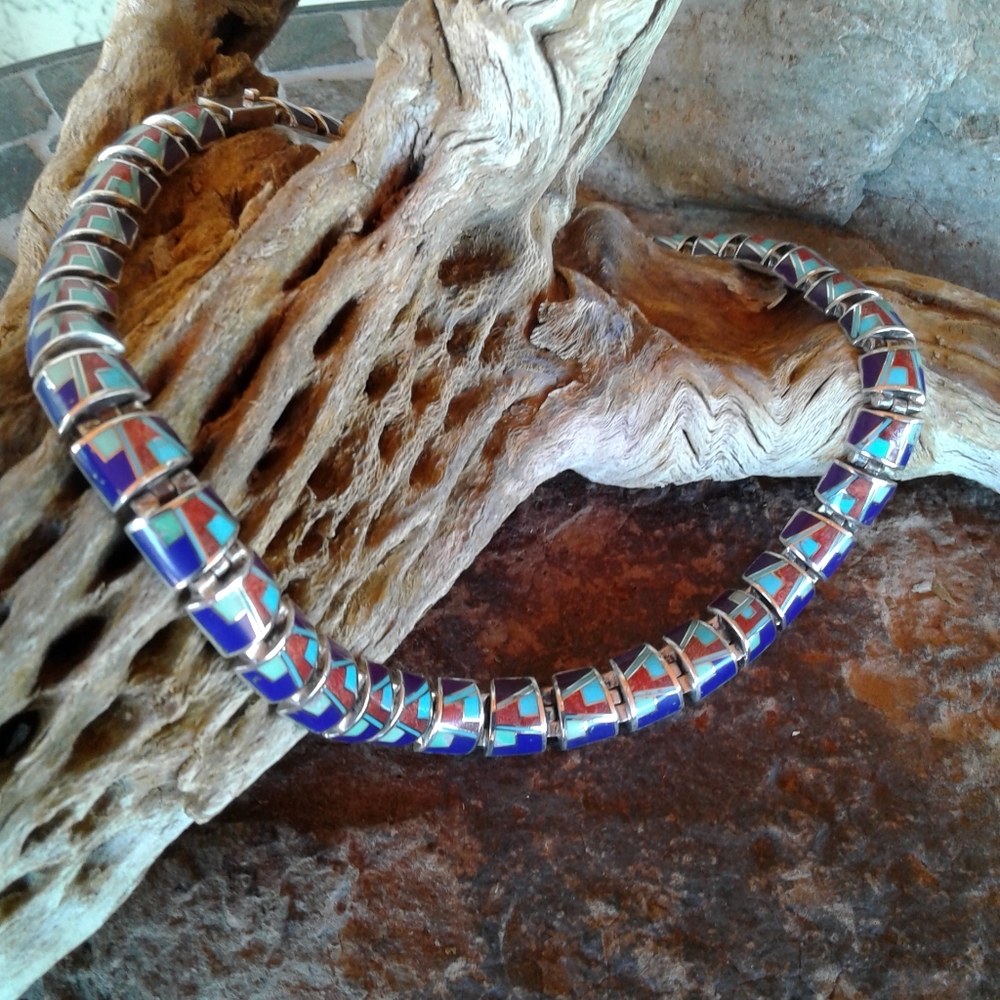 Sterling Silver multi inlay choker necklace set